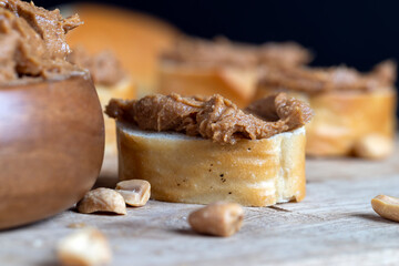 nut food on a cutting wooden board in the kitchen