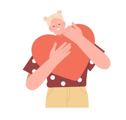 Happy person holds big red heart. Love, generosity, philanthropy and hope concept. Volunteer feels kindness. Woman with generous altruists soul. Flat vector illustration isolated on white background