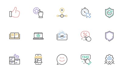 Confirmed, Discount button and Shield line icons for website, printing. Collection of Smile chat, Rate button, Engineering team icons. Like, Timer, Online shopping web elements. Vector