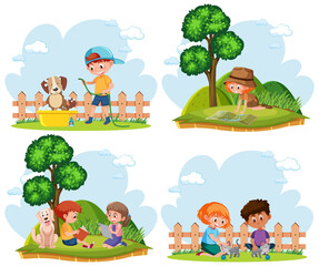 Obraz na płótnie Canvas A set of children doing activities in the garden