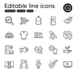 Set of Business outline icons. Contains icons as Analytics, Repair and Euro currency elements. Chemistry pipette, Refrigerator, Arena stadium web signs. Medical drugs, T-shirt. Vector