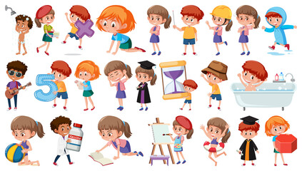 Set of children doing different activities on white background