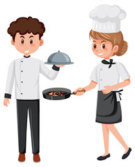 Chef and waiter cartoon character on white background