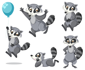 Set of raccoon in different posts