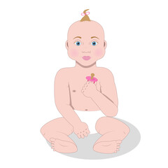 Baby girl of European appearance with a pacifier in her hand.