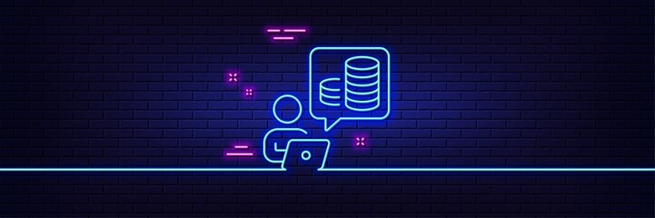 Neon light glow effect. Budget accounting line icon. Online investment sign. Internet loan symbol. 3d line neon glow icon. Brick wall banner. Budget accounting outline. Vector