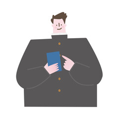 Vector illustration of a man operating a mobile phone.