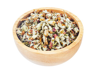 Flower tea. Dried of apple blossom in wooden bowl isolated on white background.