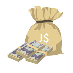 Jamaica Dollar Vector Illustration. Jamaican money set bundle banknotes. Money bag 500 Db. Flat style. Isolated on white background. Simple minimal design.