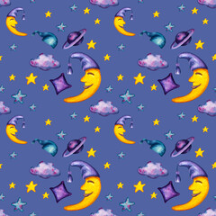 Naklejka na ściany i meble Set of watercolor illustrations sleeping space patterns Nursery Sleepwear Cosmos Night Sky
