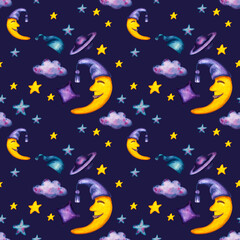 Obraz na płótnie Canvas Set of watercolor illustrations sleeping space patterns Nursery Sleepwear Cosmos Night Sky