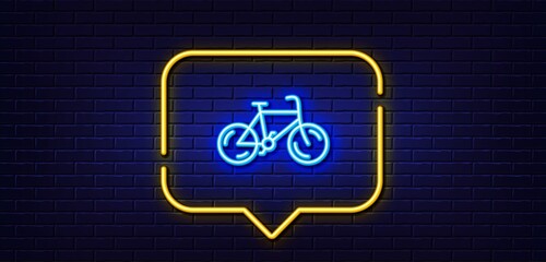 Neon light speech bubble. Bicycle transport line icon. Bike public transportation sign. Driving symbol. Neon light background. Bicycle glow line. Brick wall banner. Vector