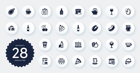Set of Food and drink icons, such as Coffee, Apple and Takeaway coffee flat icons. Pre-order food, Bordeaux glass, Wine web elements. Restaurant food, Market, Water drop signs. Circle buttons. Vector