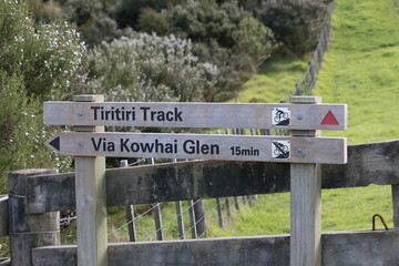 Wooden track pointer at Shakespear Regional Park, New Zealand.