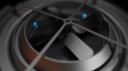 Close up metal machine and cooling fan in dark scene 3D rendering sci-fi industrial wallpaper backgrounds