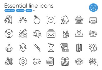 Give present, Coal trolley and Mobile internet line icons. Collection of Online shopping, Open door, Water drop icons. Inclusion, Court judge, Pin web elements. Canister oil. Vector