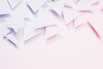 Gentle simple geometric background of triangles in shining light with soft shadows as chaos energy pattern in light very peri and pink color, top view, border, copy space. Futuristic minimal backdrop.