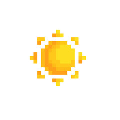 Fototapeta premium Sun sticker pixel art icon. Design for logo, web, mobile app, badges and patches. Video game sprite. 8-bit. Isolated vector illustration. 