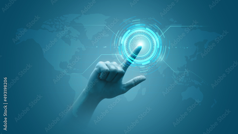 Poster hand touch virtual digital technology global communication of futuristic business network connection