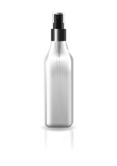 Blank clear square cosmetic bottle with black press spray head for beauty product mockup template.