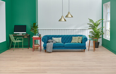 Modern home decoration wall and furniture detail, blue sofa and pillow, lamp carpet and table style.