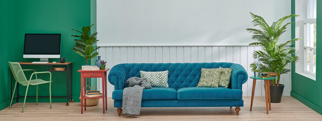 Modern home decoration wall and furniture detail, blue sofa and pillow, lamp carpet and table style.