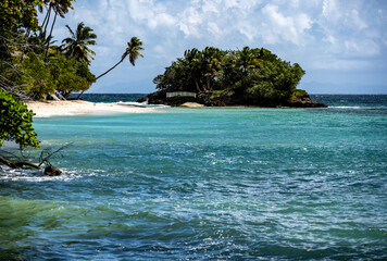 tropical landscape with sandy beach boat and palm trees in Dominican Republic 