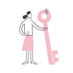 安全を考える女性　カギを持つ女性のイラスト　貯蓄