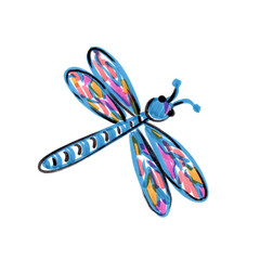 Marker vintage isolated cartoon image dragonfly on white background. Sketch illustration stripe dragonfly. Felt pen funny cartoon character. Hand drawn illustration.
