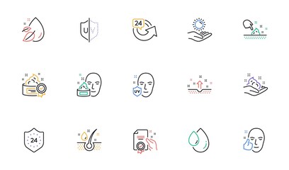 Skin care line icons. Cream, Serum drop and Face gel or lotion. Uv protection linear icon set. Bicolor outline web elements. Vector
