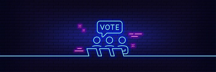 Obraz premium Neon light glow effect. Online Voting line icon. Internet vote sign. Web election symbol. 3d line neon glow icon. Brick wall banner. Online Voting outline. Vector