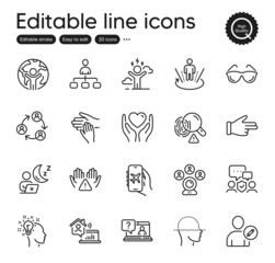Set of People outline icons. Contains icons as Flight mode, Idea and Clean hands elements. Face scanning, Shift, Edit user web signs. Difficult stress, Video conference, Fingerprint elements. Vector