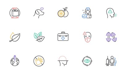 Cough, Organic tested and Do not touch line icons for website, printing. Collection of Medical mask, Dumbbells, Face scanning icons. Pets care, Pandemic vaccine, Eye target web elements. Vector