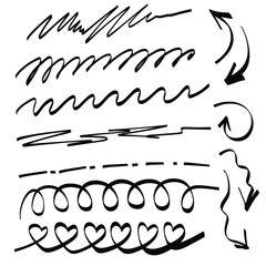 Sketch highlight underline, lines, strokes, emphasis, highlight waves set. Hand drawn check mark underline. Vector freehand marker illustration on white background.
