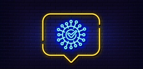 Neon light speech bubble. Confirmed coronavirus line icon. Covid-19 virus sign. Corona virus symbol. Neon light background. Coronavirus glow line. Brick wall banner. Vector