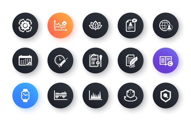 Minimal set of Seo gear, Copyright and International recruitment flat icons for web development. Resume document, Feather signature, Smartwatch icons. Augmented reality. Vector