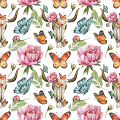 Watercolor seamless pattern with bull skull illustration with flowers of roses,peony,leaves and blue,orange butterfly on white background