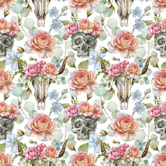 Watercolor seamless pattern with illustration of human skull and bull skull with flowers of roses, peony, eucalyptus