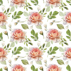 Watercolor seamless pattern with illustration of rose flowers, buds, stems and leaves