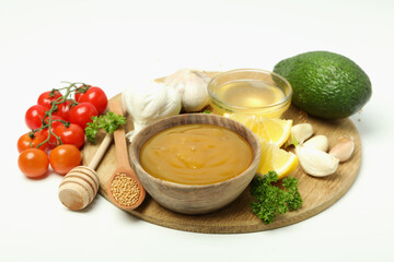 Concept of cooking with honey mustard sauce and ingredients
