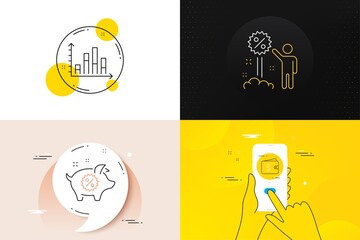 Minimal set of Discount, Piggy sale and Dollar wallet line icons. Phone screen, Quote banners. Diagram graph icons. For web development. Sale shopping, Discounts, Cash money. Vector