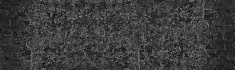 Naklejka na ściany i meble Black rough weathered concrete panoramic texture. Cement wall panorama. Abstract dark grey wide large grunge background