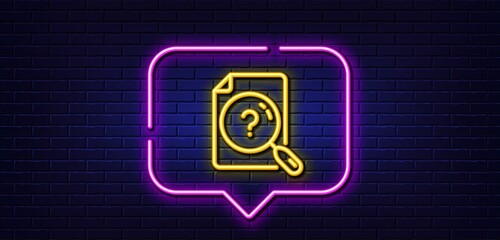 Neon light speech bubble. Search document line icon. Help book sign. Instruction manual symbol. Neon light background. Search document glow line. Brick wall banner. Vector