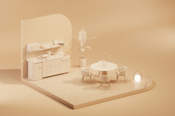 Mockup studio for kitchen presentation, fashion, performing art, showcase on pastel cream and beige background podium. 3d render
