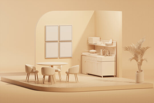 Mockup studio for kitchen presentation, fashion, performing art, showcase on pastel cream and beige background podium. 3d render

