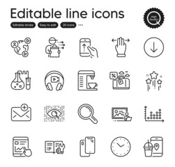 Set of Technology outline icons. Contains icons as Research, Smartphone and Stars elements. New mail, Video conference, Engineering documentation web signs. Time, Multitasking gesture. Vector