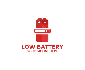 Low battery, red light indicators logo design. Powered indicator, charging empty batteries and low battery power vector design and illustration.