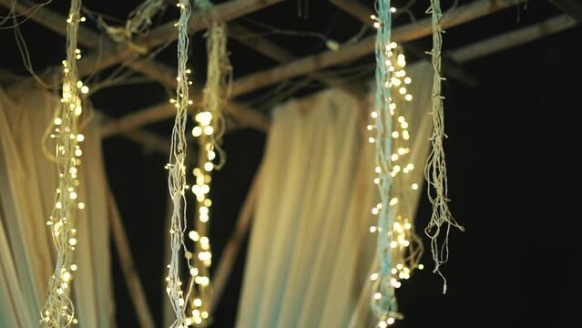 illuminated interior design, lumen led lights strip hanging defocused background, elegant festive decorative backgorund