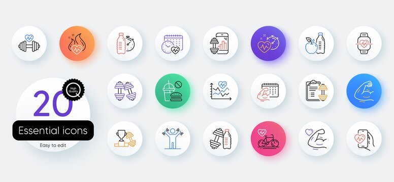 Fitness time line icons. Bicolor outline web elements. Bike Workout, Strong Muscle Arm, Gym fit dumbbell. Training analysis, Workout plan and Cardio exercise line icons. Vector