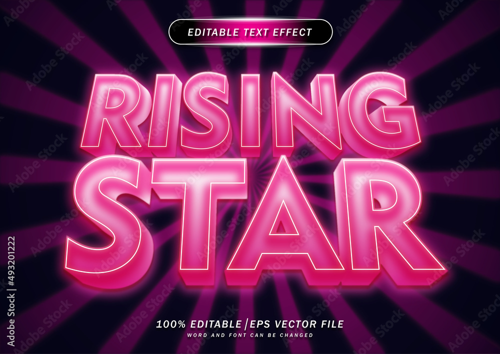 Poster rising star neon text effect. 3d text editable in neon style design